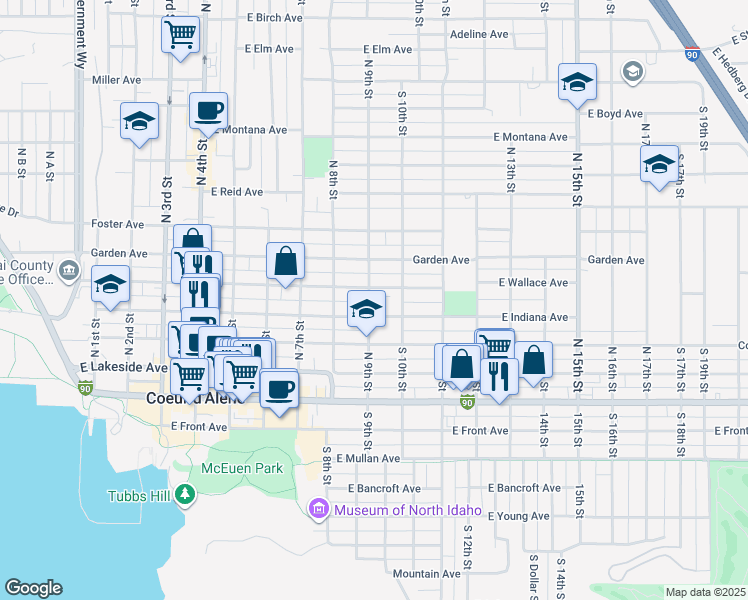 map of restaurants, bars, coffee shops, grocery stores, and more near 919 East Indiana Avenue in Coeur d'Alene