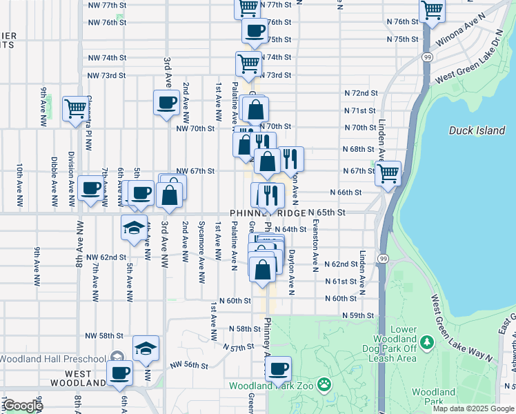 map of restaurants, bars, coffee shops, grocery stores, and more near 6517 Phinney Avenue North in Seattle