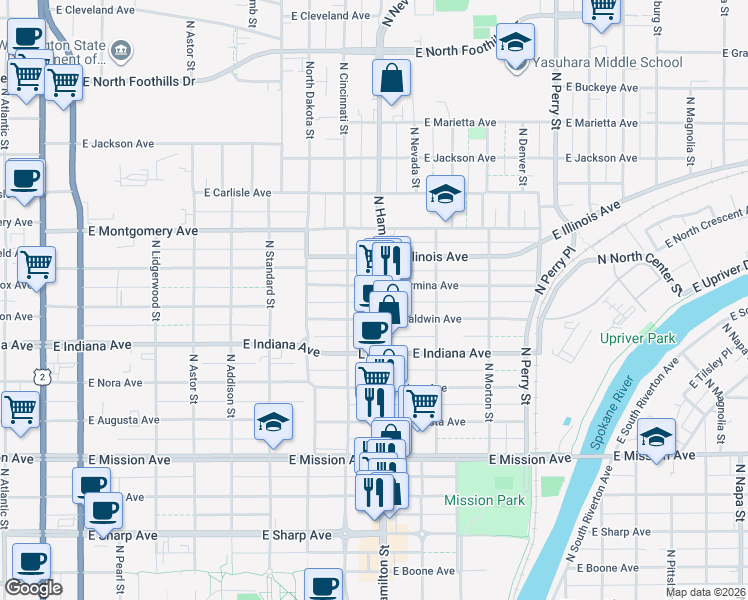 map of restaurants, bars, coffee shops, grocery stores, and more near 813 East Baldwin Avenue in Spokane
