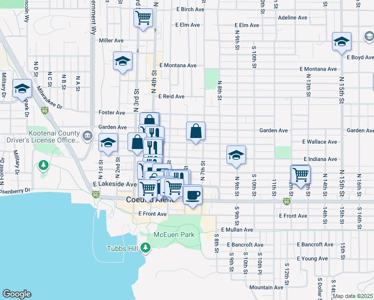 map of restaurants, bars, coffee shops, grocery stores, and more near 603 East Indiana Avenue in Coeur d'Alene