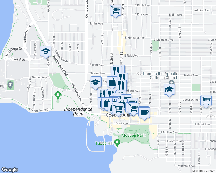 map of restaurants, bars, coffee shops, grocery stores, and more near 406 North 3rd Street in Coeur d'Alene
