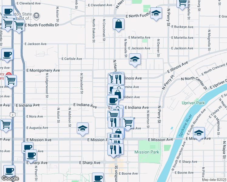 map of restaurants, bars, coffee shops, grocery stores, and more near 813 East Baldwin Avenue in Spokane