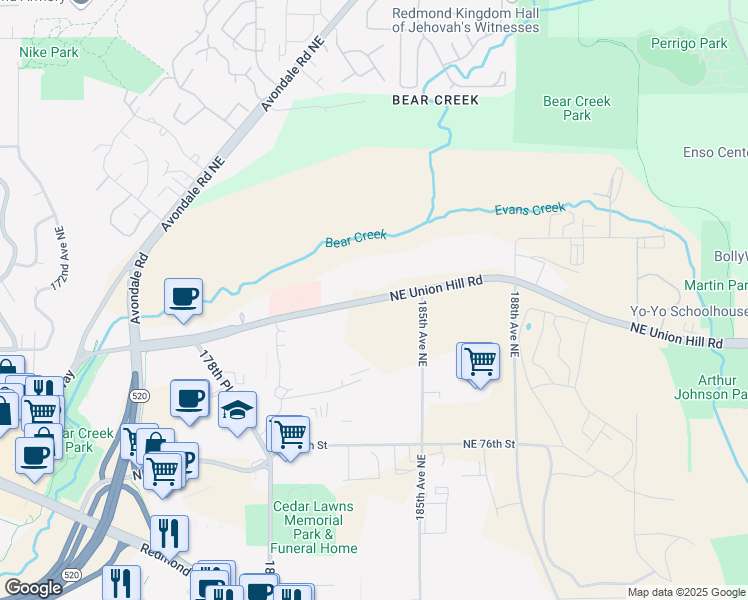 map of restaurants, bars, coffee shops, grocery stores, and more near 18300 Northeast Union Hill Road in Redmond