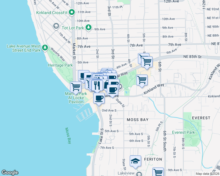 map of restaurants, bars, coffee shops, grocery stores, and more near 117 Main Street in Kirkland