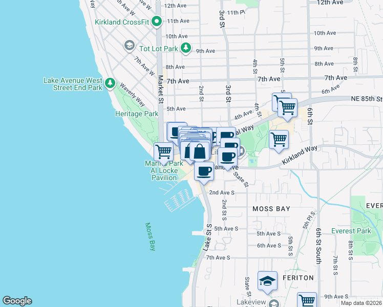 map of restaurants, bars, coffee shops, grocery stores, and more near 107 Park Lane in Kirkland