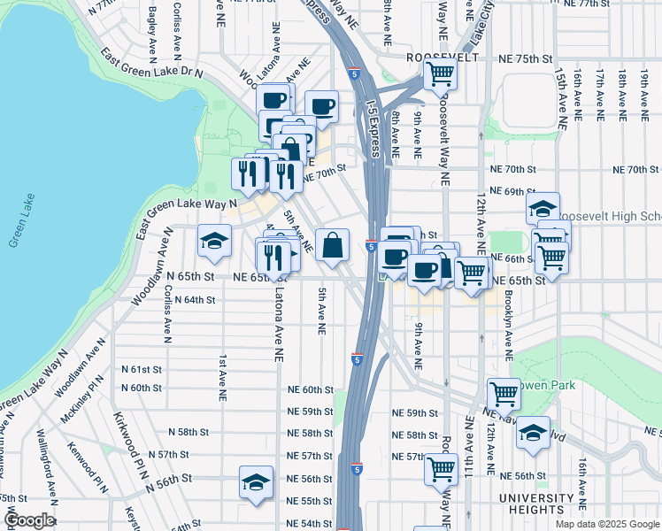 map of restaurants, bars, coffee shops, grocery stores, and more near 6501 5th Avenue Northeast in Seattle