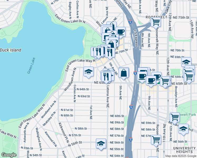 map of restaurants, bars, coffee shops, grocery stores, and more near 222 Northeast 65th Street in Seattle