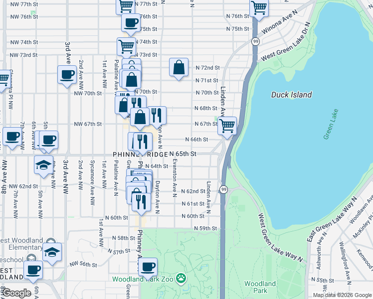 map of restaurants, bars, coffee shops, grocery stores, and more near 619 North 65th Street in Seattle