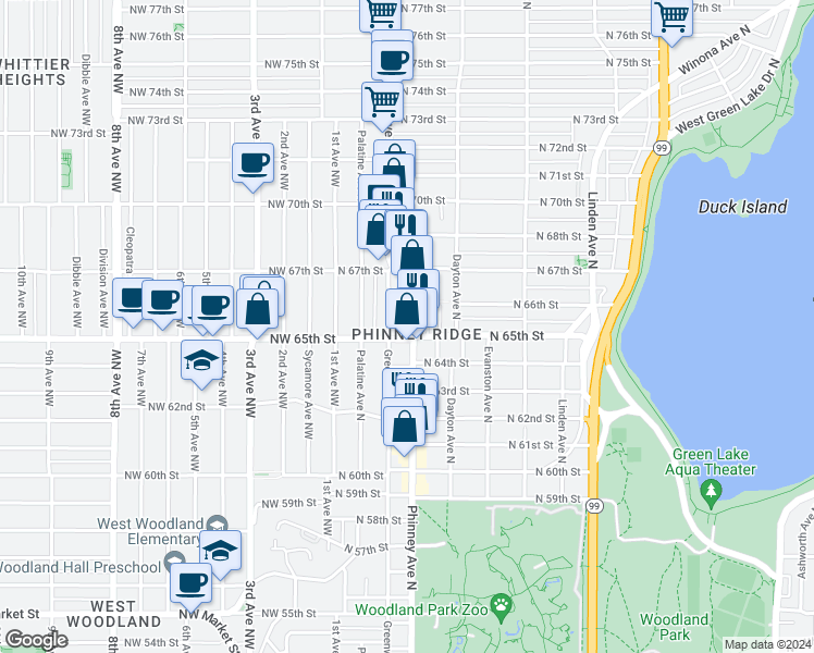map of restaurants, bars, coffee shops, grocery stores, and more near 6500 Greenwood Avenue North in Seattle