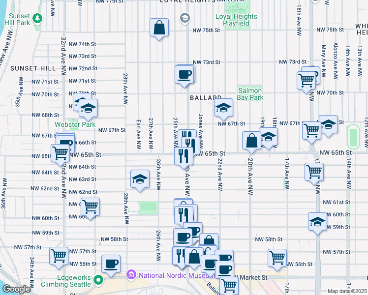 map of restaurants, bars, coffee shops, grocery stores, and more near 6501 24th Avenue Northwest in Seattle