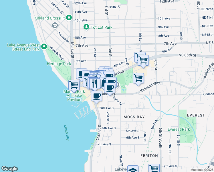 map of restaurants, bars, coffee shops, grocery stores, and more near 117 Main Street in Kirkland