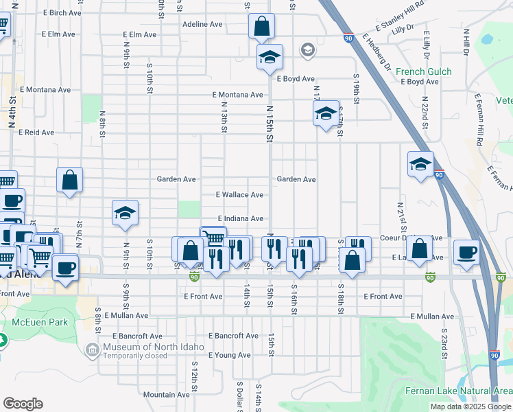 map of restaurants, bars, coffee shops, grocery stores, and more near 411 North 15th Street in Coeur d'Alene