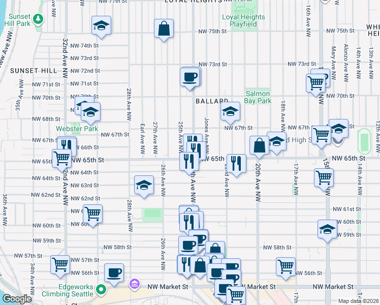 map of restaurants, bars, coffee shops, grocery stores, and more near 6511 24th Avenue Northwest in Seattle