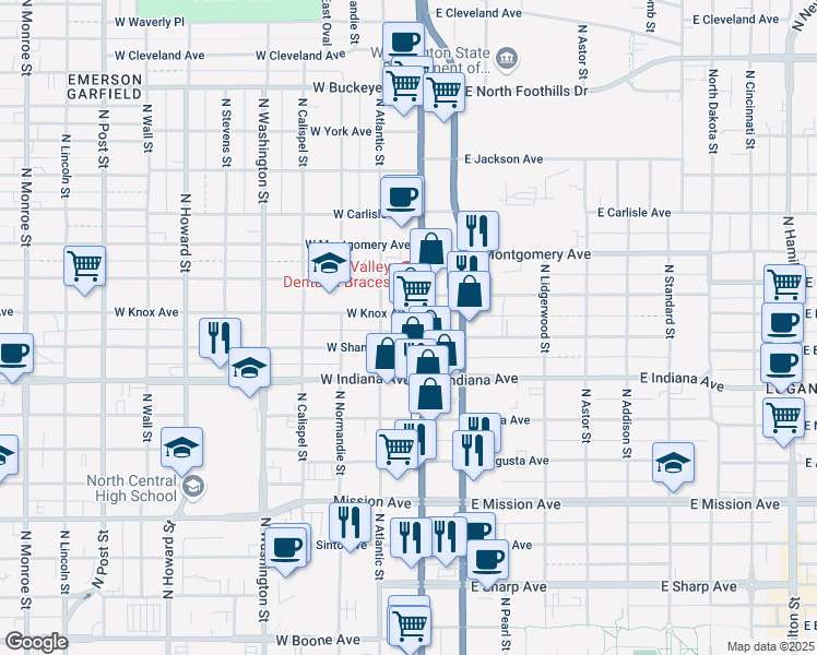 map of restaurants, bars, coffee shops, grocery stores, and more near 1918 North Division Street in Spokane
