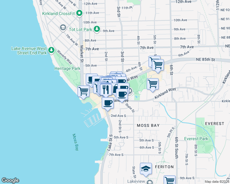 map of restaurants, bars, coffee shops, grocery stores, and more near 101 Main Street in Kirkland