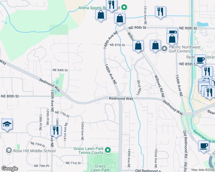 map of restaurants, bars, coffee shops, grocery stores, and more near 14622 Northeast 81st Street in Redmond