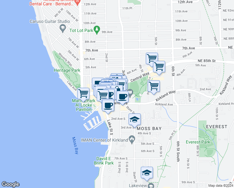 map of restaurants, bars, coffee shops, grocery stores, and more near 207 Park Lane in Kirkland