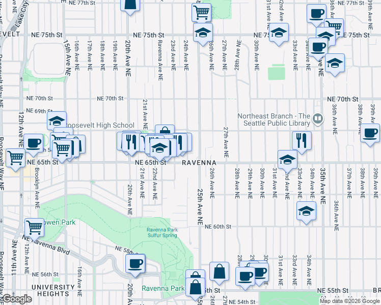 map of restaurants, bars, coffee shops, grocery stores, and more near 6518 24th Avenue Northeast in Seattle