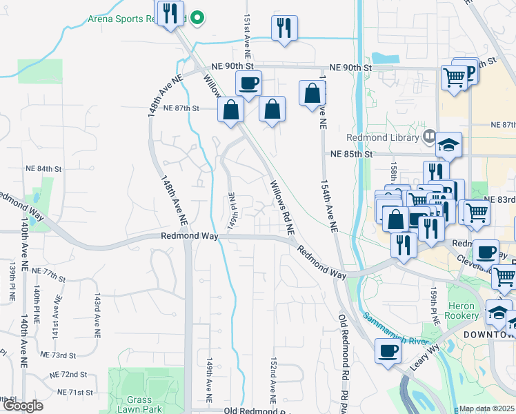 map of restaurants, bars, coffee shops, grocery stores, and more near 15112 Northeast 82nd Street in Redmond