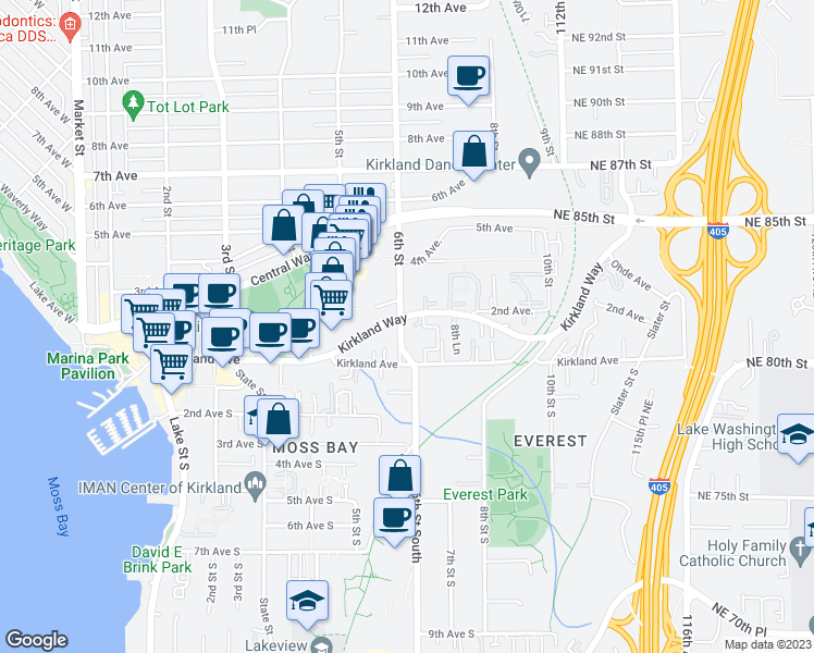 map of restaurants, bars, coffee shops, grocery stores, and more near 612 Kirkland Way in Kirkland