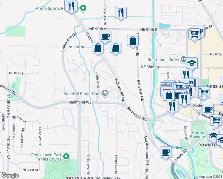 map of restaurants, bars, coffee shops, grocery stores, and more near 15112 Northeast 82nd Street in Redmond