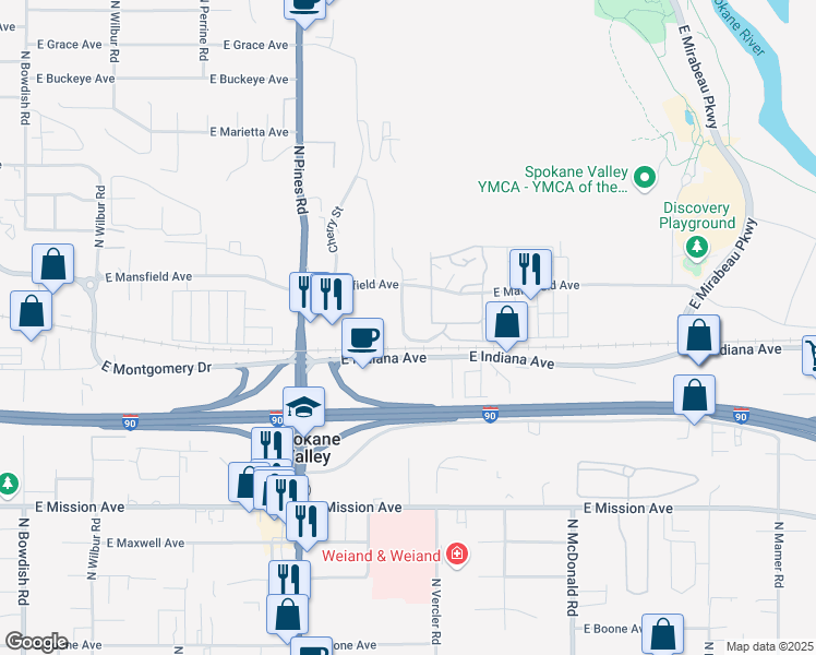 map of restaurants, bars, coffee shops, grocery stores, and more near 2105 North Houk Road in Spokane Valley
