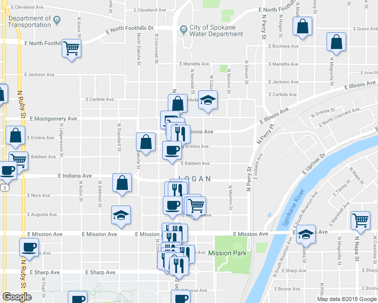 map of restaurants, bars, coffee shops, grocery stores, and more near in Spokane