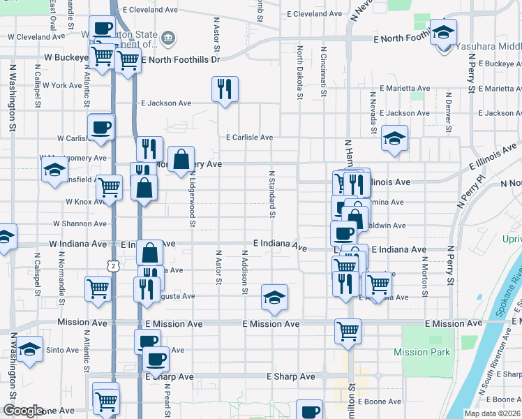map of restaurants, bars, coffee shops, grocery stores, and more near 524 East Baldwin Avenue in Spokane