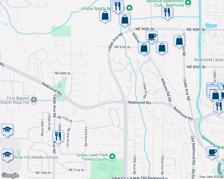 map of restaurants, bars, coffee shops, grocery stores, and more near 8104 146th Court Northeast in Redmond