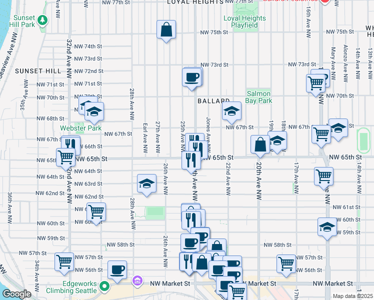 map of restaurants, bars, coffee shops, grocery stores, and more near in Seattle
