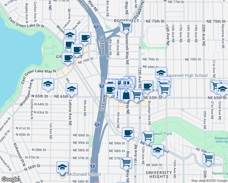 map of restaurants, bars, coffee shops, grocery stores, and more near 811 Northeast 66th Street in Seattle