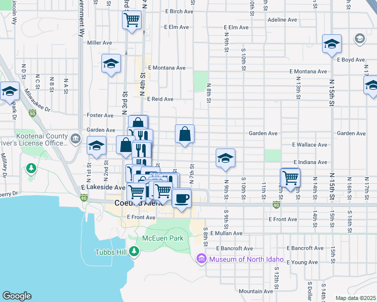 map of restaurants, bars, coffee shops, grocery stores, and more near 618 East Wallace Avenue in Coeur d'Alene