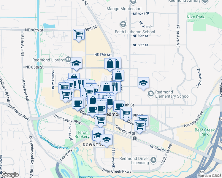 map of restaurants, bars, coffee shops, grocery stores, and more near 16304 Northeast 81st Street in Redmond