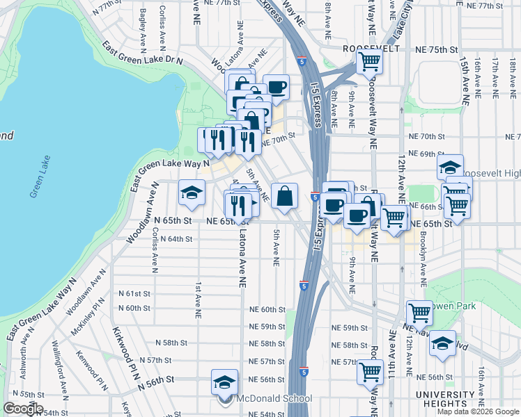 map of restaurants, bars, coffee shops, grocery stores, and more near in Seattle