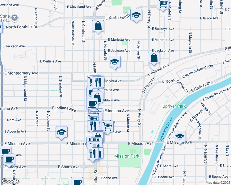 map of restaurants, bars, coffee shops, grocery stores, and more near 1010 East Ermina Avenue in Spokane