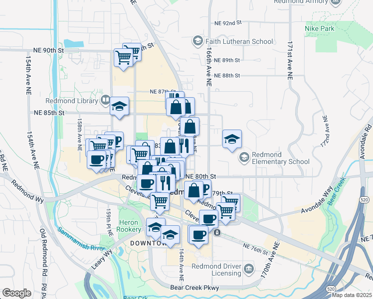 map of restaurants, bars, coffee shops, grocery stores, and more near 8280 164th Avenue Northeast in Redmond
