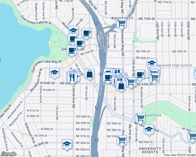 map of restaurants, bars, coffee shops, grocery stores, and more near 6505 Oswego Place Northeast in Seattle