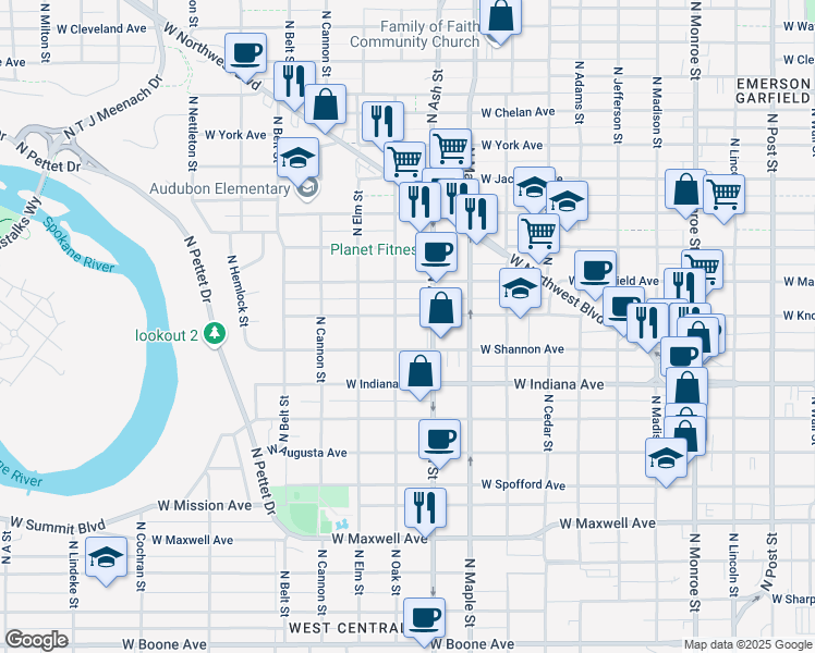 map of restaurants, bars, coffee shops, grocery stores, and more near 1722 West Shannon Avenue in Spokane