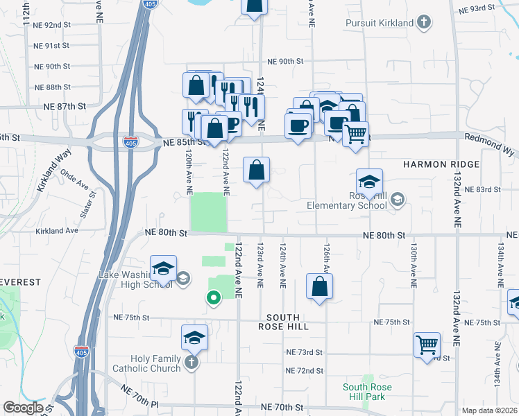 map of restaurants, bars, coffee shops, grocery stores, and more near 8027 124th Avenue Northeast in Kirkland
