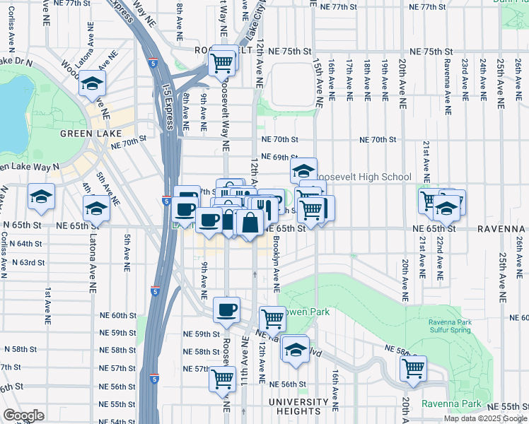 map of restaurants, bars, coffee shops, grocery stores, and more near 1205 Northeast 66th Street in Seattle