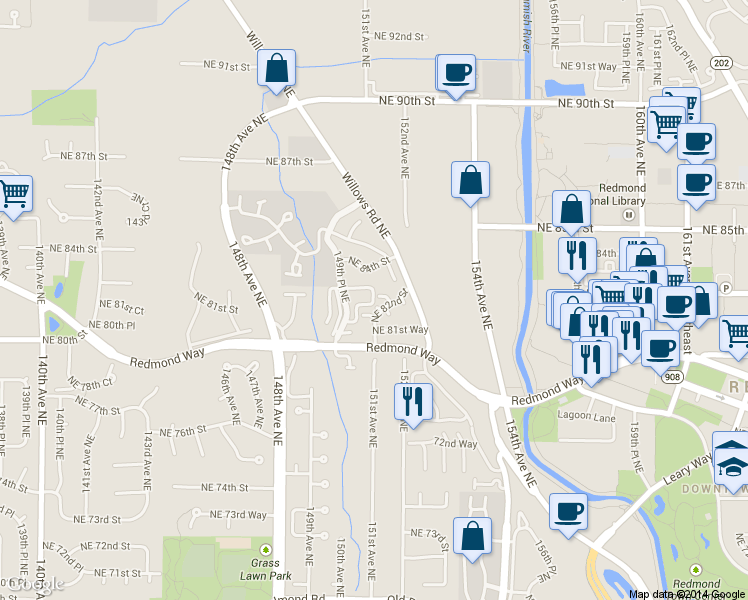 map of restaurants, bars, coffee shops, grocery stores, and more near 15112 Northeast 82nd Street in Redmond