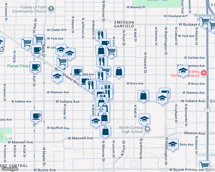 map of restaurants, bars, coffee shops, grocery stores, and more near 920 West Shannon Avenue in Spokane