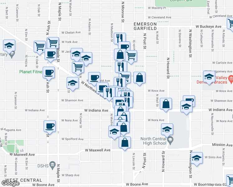 map of restaurants, bars, coffee shops, grocery stores, and more near 1017 West Knox Avenue in Spokane