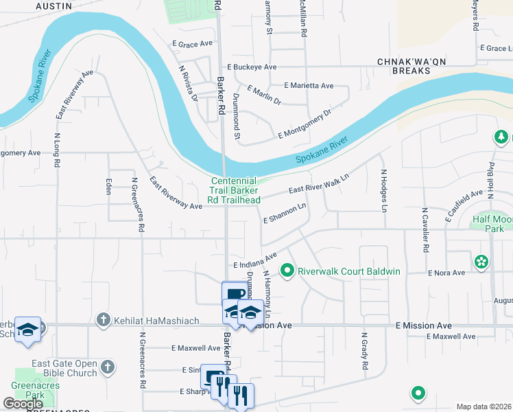 map of restaurants, bars, coffee shops, grocery stores, and more near 9565 East River Walk Lane in Spokane Valley