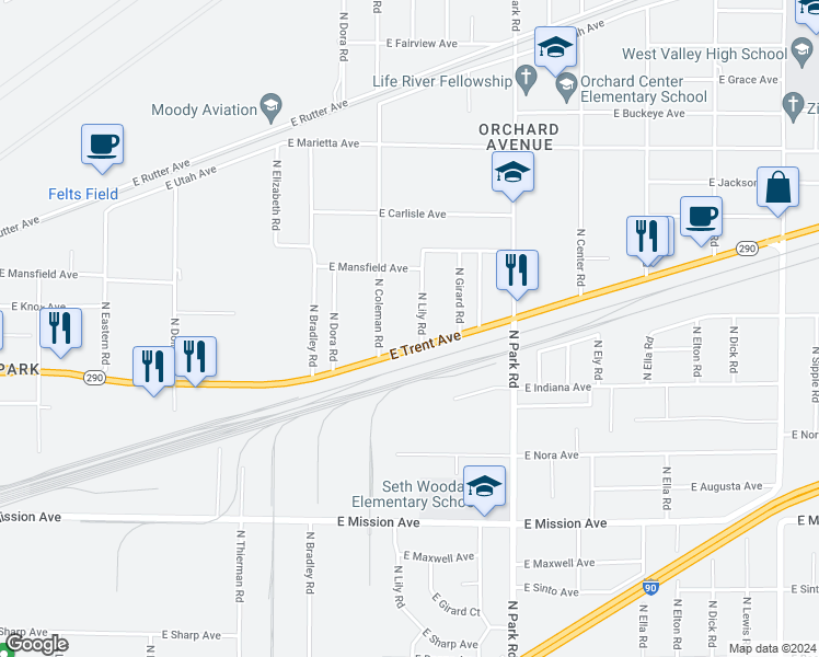 map of restaurants, bars, coffee shops, grocery stores, and more near in Spokane Valley