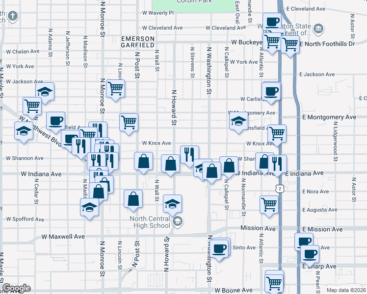 map of restaurants, bars, coffee shops, grocery stores, and more near 522 West Shannon Avenue in Spokane