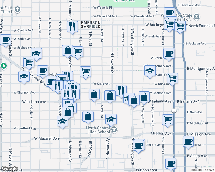 map of restaurants, bars, coffee shops, grocery stores, and more near 624 West Shannon Avenue in Spokane