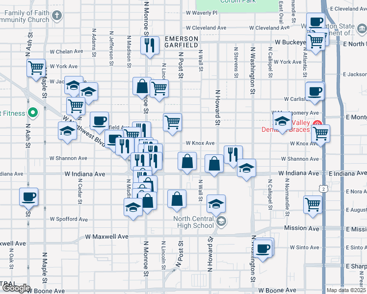 map of restaurants, bars, coffee shops, grocery stores, and more near 724 West Shannon Avenue in Spokane