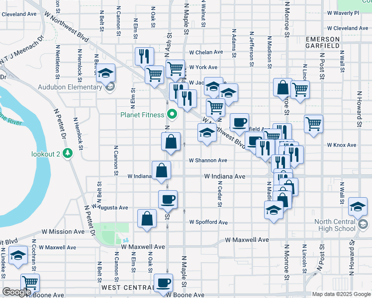 map of restaurants, bars, coffee shops, grocery stores, and more near 1518 West Shannon Avenue in Spokane