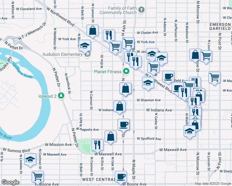 map of restaurants, bars, coffee shops, grocery stores, and more near 1722 West Shannon Avenue in Spokane